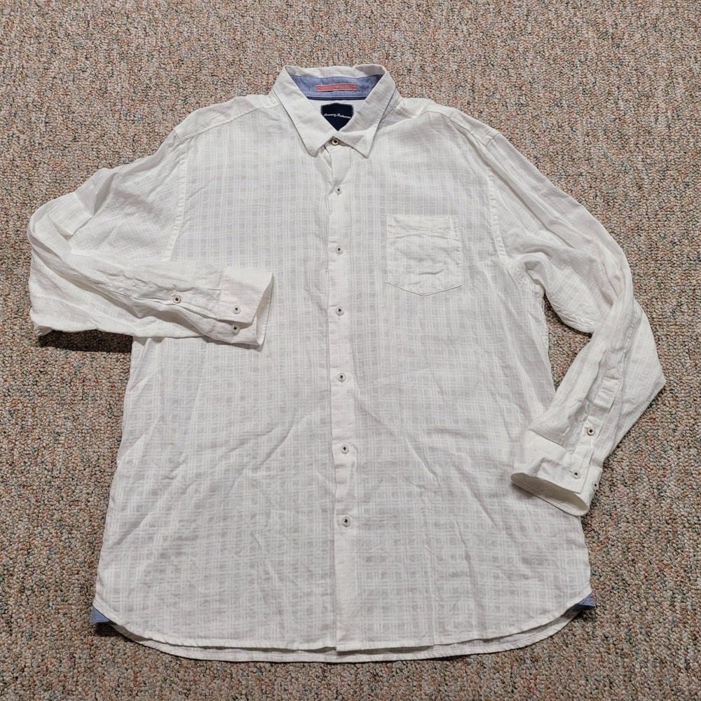 Tommy Bahama Shirt Mens XL White Linen Blend Button Up Long Sleeve Casual